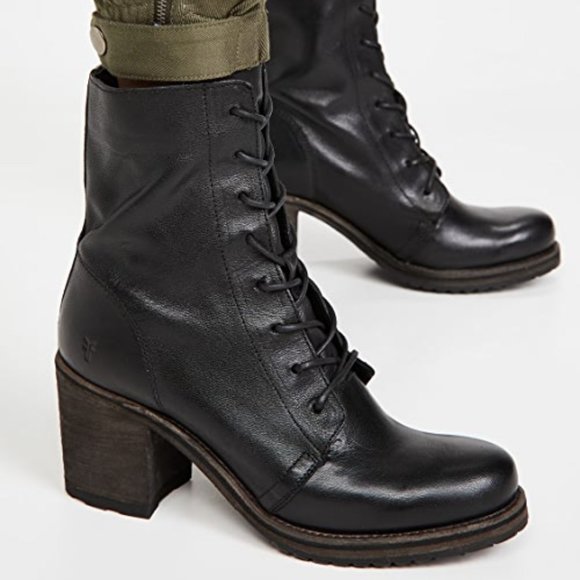 $429 Frye Karen Lace Up Black Leather Combat Short Chunky Heeled Moto Ankle Boot - Picture 6 of 15